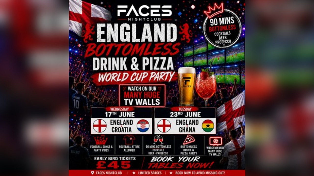England bottomless drink & pizza world cup party