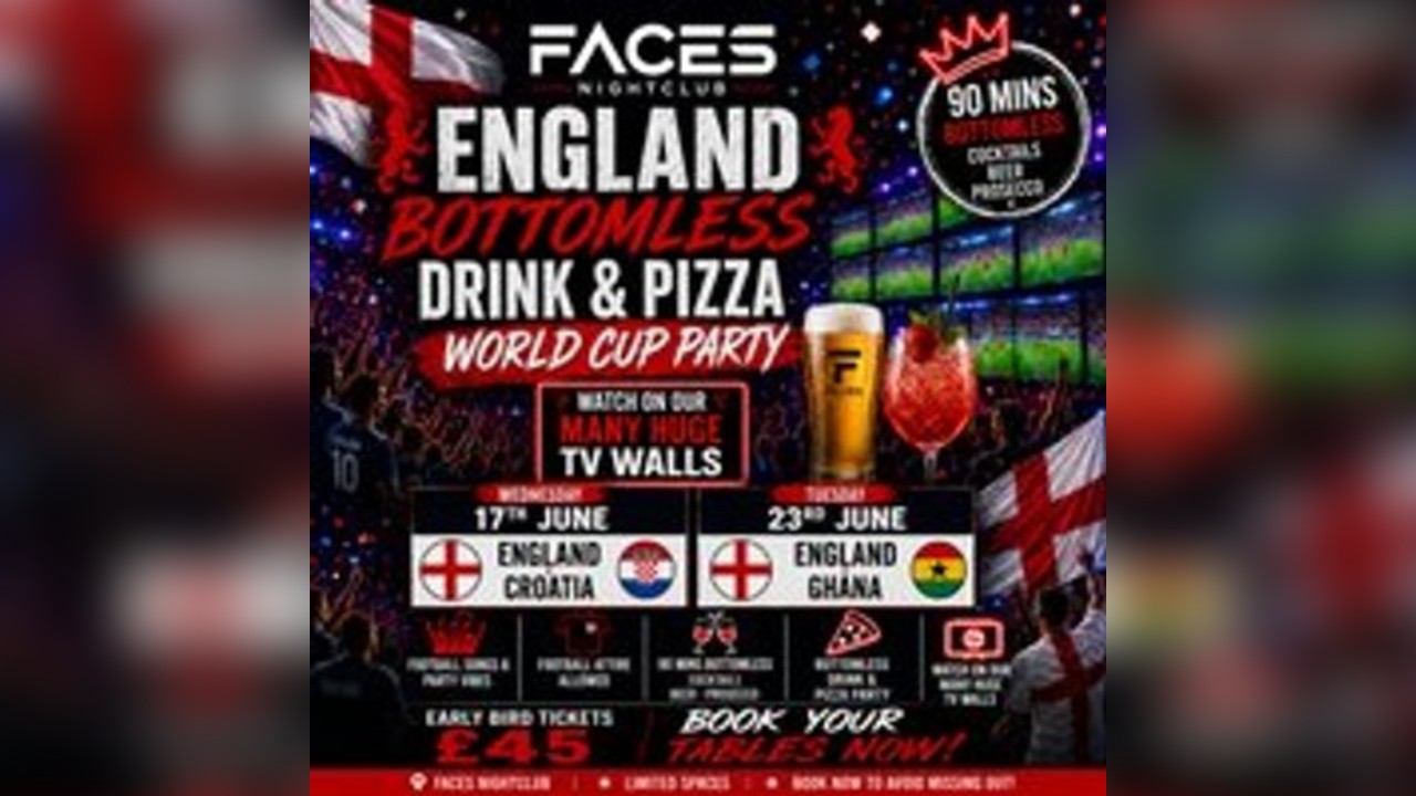 England bottomless drink & pizza world cup party